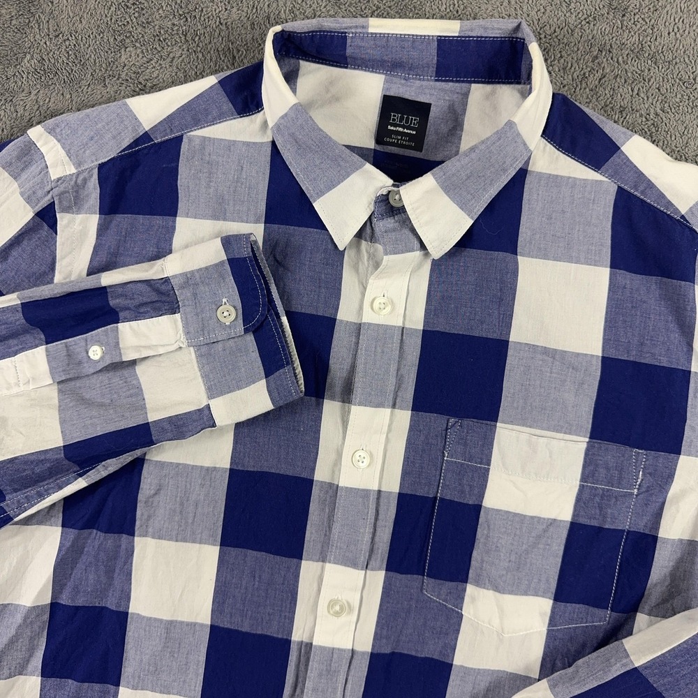 BLUE Saks‎ Fifth Avenue Shirt Mens L Blue Buffalo Check Slim Fit Button Up